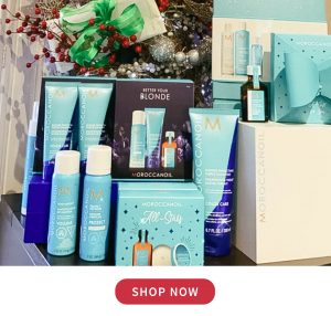 Moroccan Oil gifts stacked with bows and ribbons