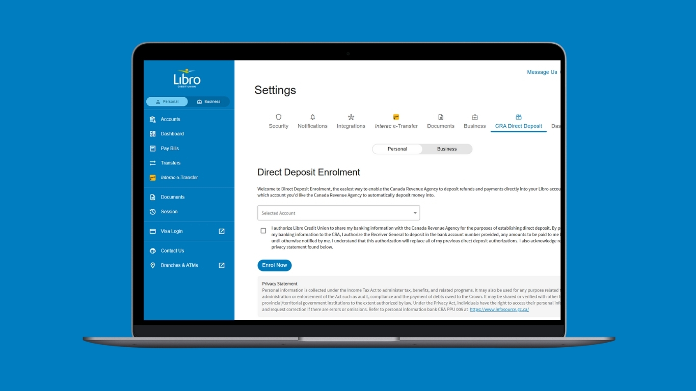 A laptop screen displays the Libro online banking portal open to the Settings page, showing the Direct Deposit Enrollment section.