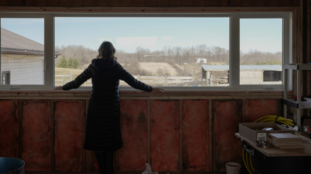 A person in a long coat stands indoors, facing a large window and looking out at a rural landscape with trees and outbuildings.