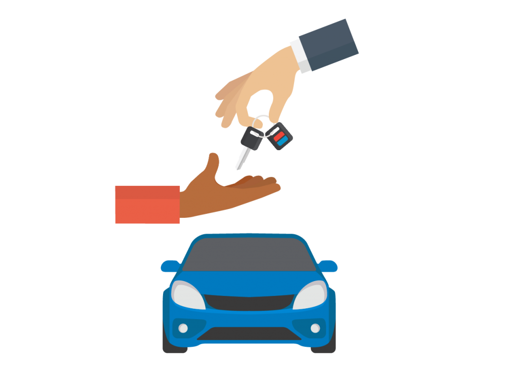 Blue car and person being handed keys by another person