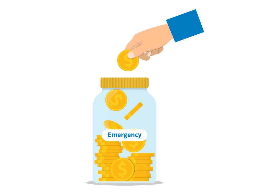 Hand putting coins in Emergency jar