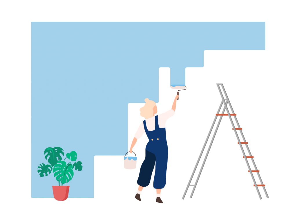 Woman painting walls blue with latter beside her