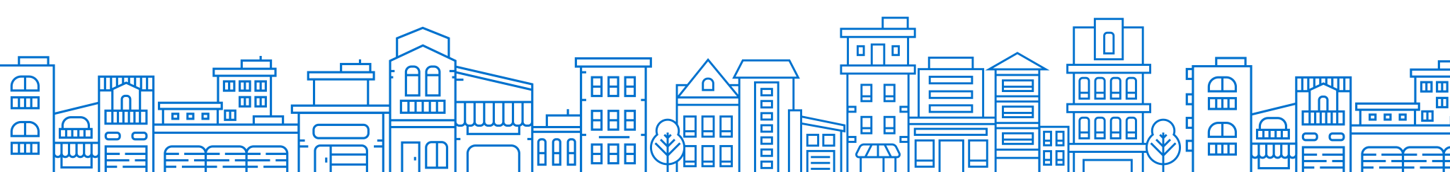 Blue outline sketch of buildings and houses in a line