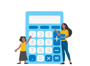 Woman and child pointing to calculator