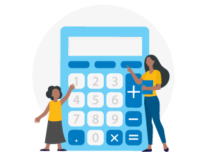 Woman and child pointing to calculator