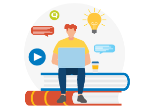 Man sitting on books looking at laptop learning