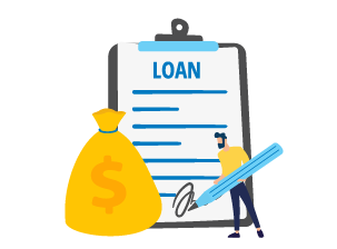 Graphic of a clipboard that says loan. and a person signing a document