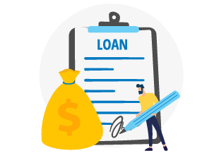 Graphic of a clipboard that says loan. and a person signing a document
