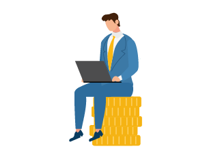 Man sitting on stack of coins with laptop