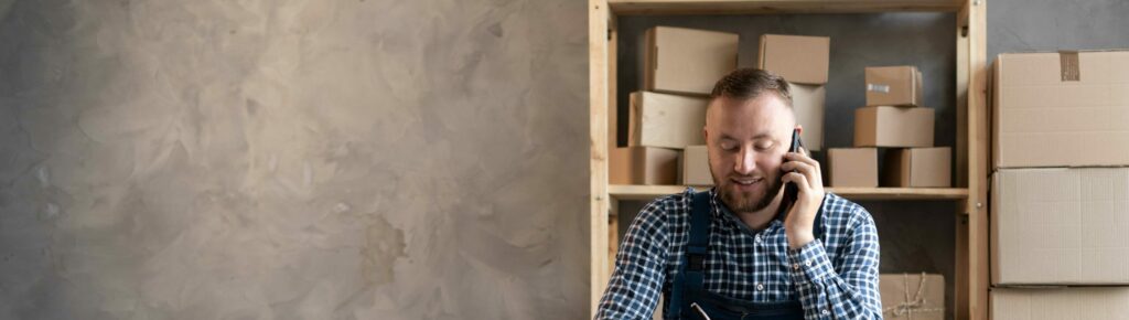 Person at a desk filling out papers with cardboard boxes in the background