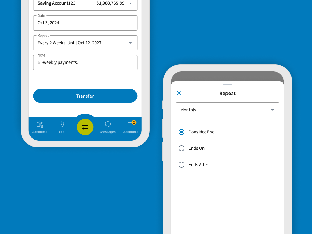 A cell phone displaying an automatic transfer on Libro's mobile banking app
