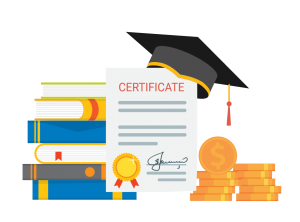 Illustration of a graduation cap, diploma, books and coins