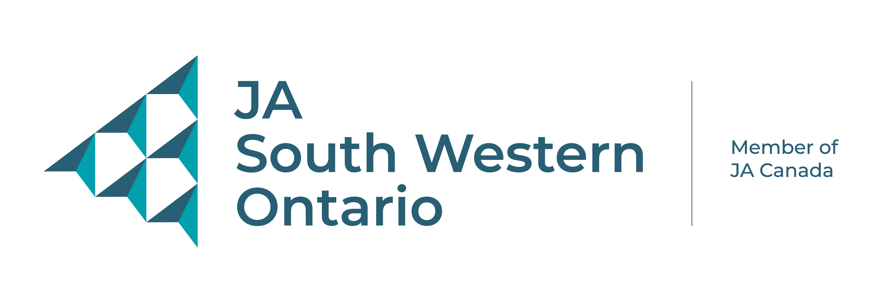 Logo for JA South Western Ontario, Member of JA Canada, featuring geometric shapes on the left and blue text on a light background.