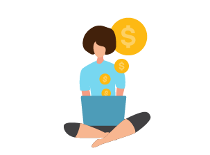 Illustration of a person sitting cross-legged with a laptop, surrounded by dollar symbols, suggesting online earning or financial activity.