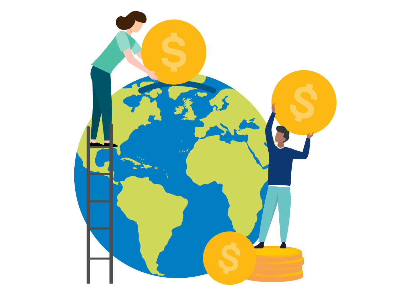 Illustration of two people inserting coins into Earth