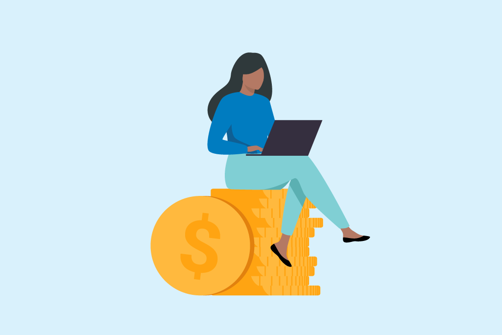 Illustration of a woman sitting on a pile of coins looking at a laptop