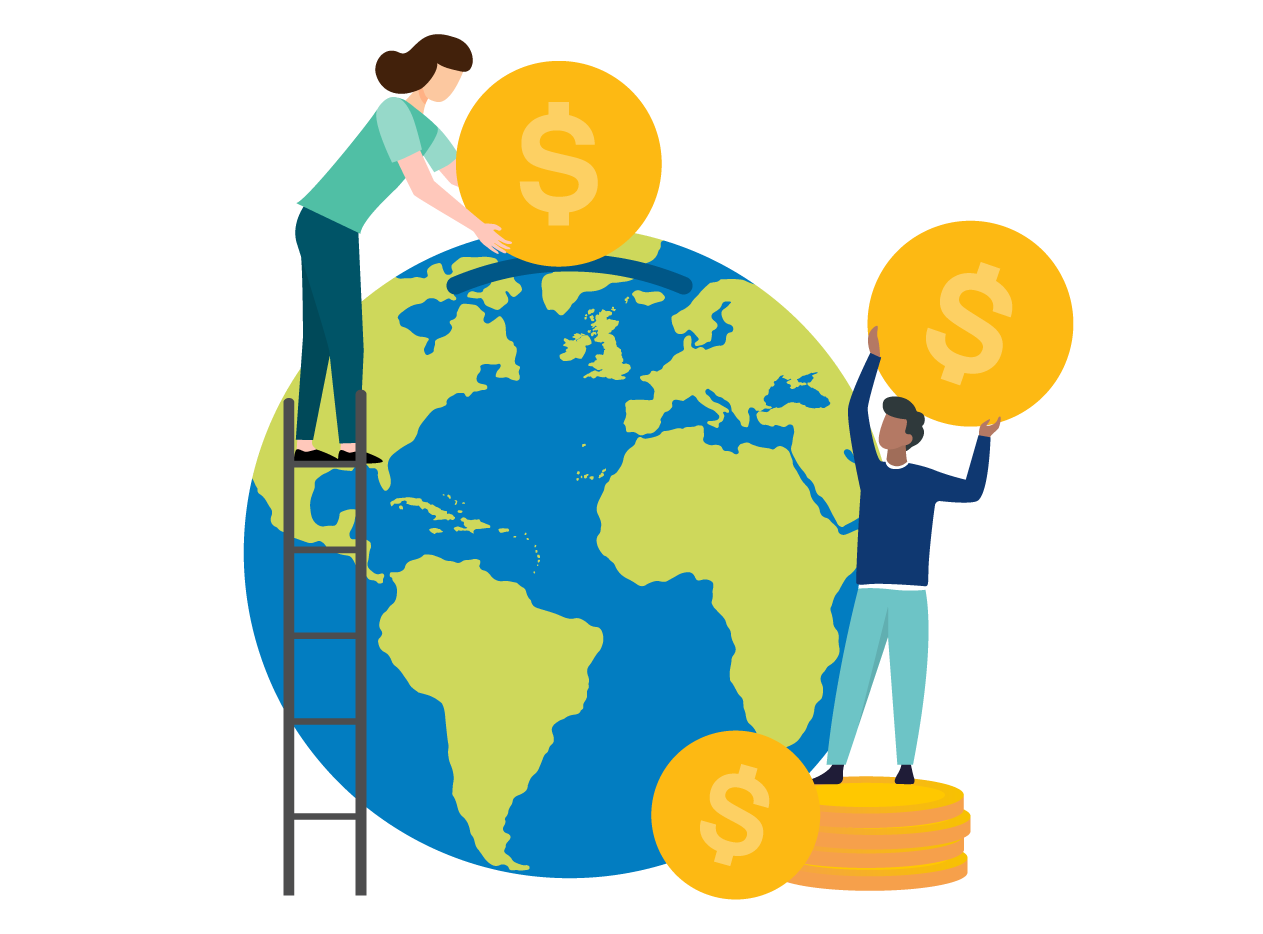 Illustration of people putting coins into a large globe