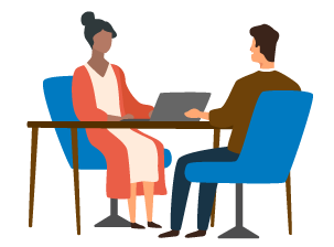 An illustration of two people sitting across each other at a desk