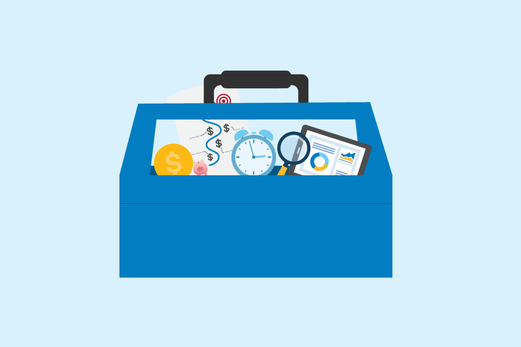 An animated suitcase with various objects inside it