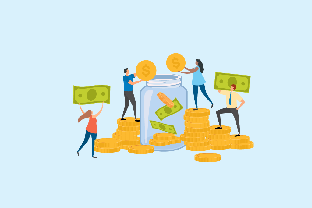 an illustration of people inserting large money into a large jar