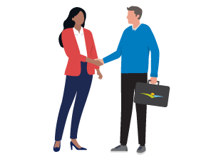 Illustration of a man standing in front of a business with an