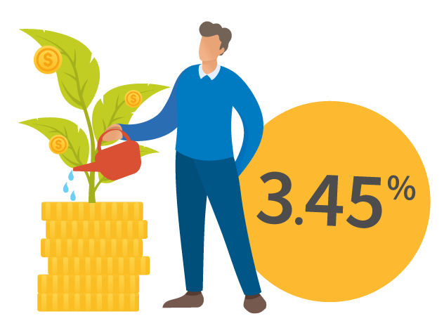 Illustration of a person watering a plant growing from stacked coins, with a large yellow circle displaying 