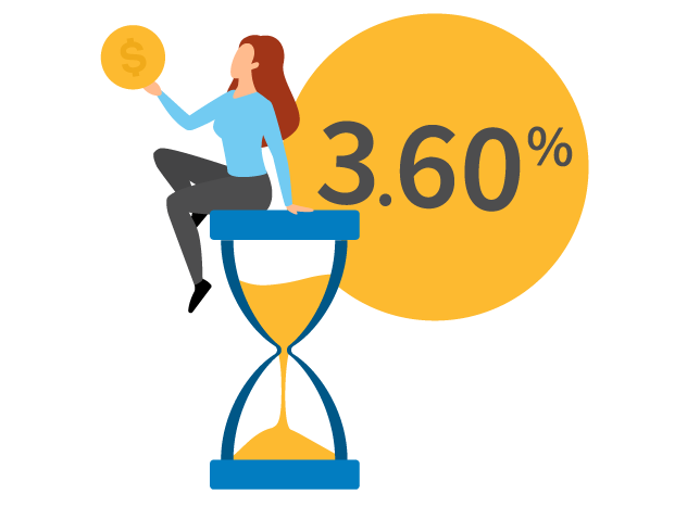 Illustration of a woman sitting on an hourglass, holding a coin, with 