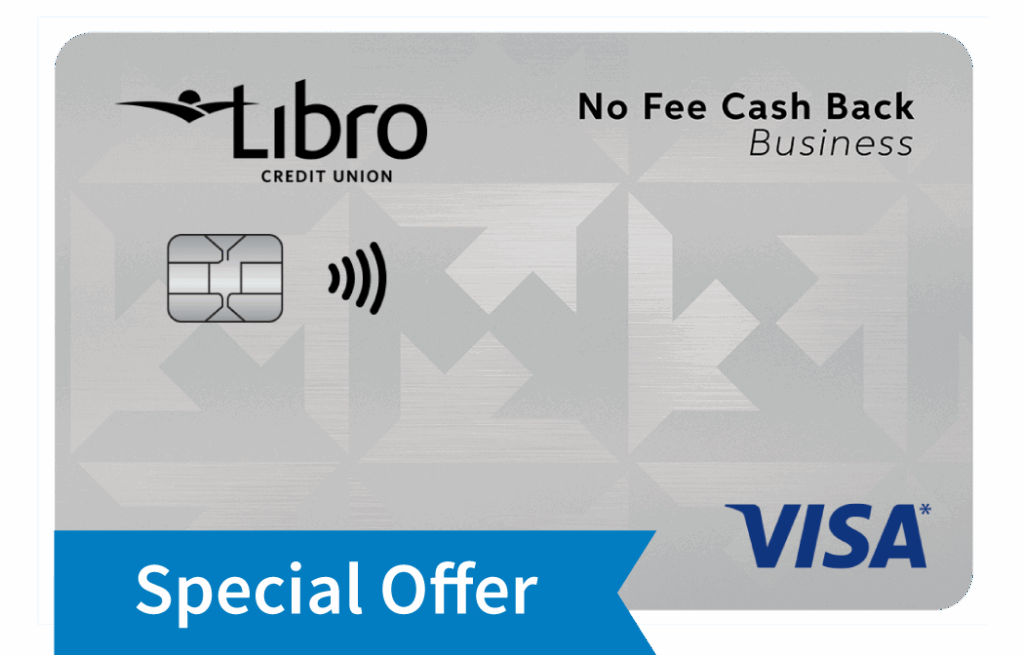 Libro Credit Union No Fee Cash Back Business Visa card displayed with a special offer banner in the lower left corner.