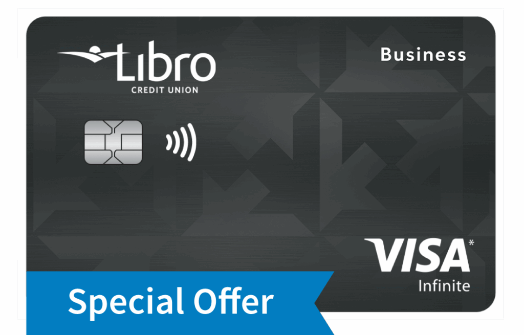 Libro Credit Union Business Visa Infinite credit card with a chip, contactless symbol, and a blue 