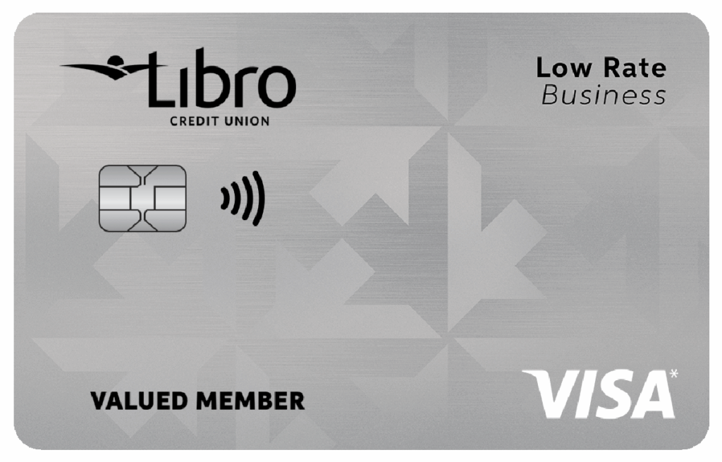 Silver Libro Credit Union Low Rate Business Visa card with chip, contactless symbol, and 