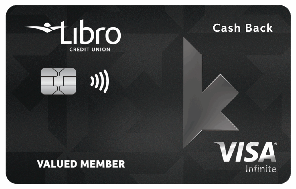 A black Libro Credit Union Visa Infinite credit card displaying a chip, contactless symbol, and the words 