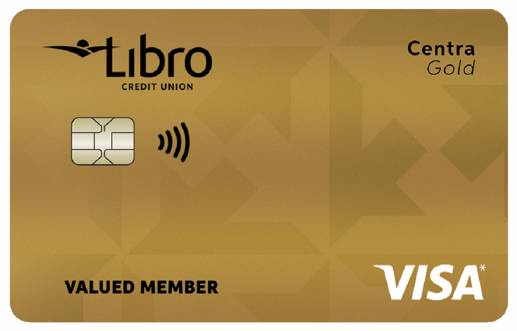 A gold Libro Credit Union Centra Gold Visa card with a chip, contactless symbol, and 