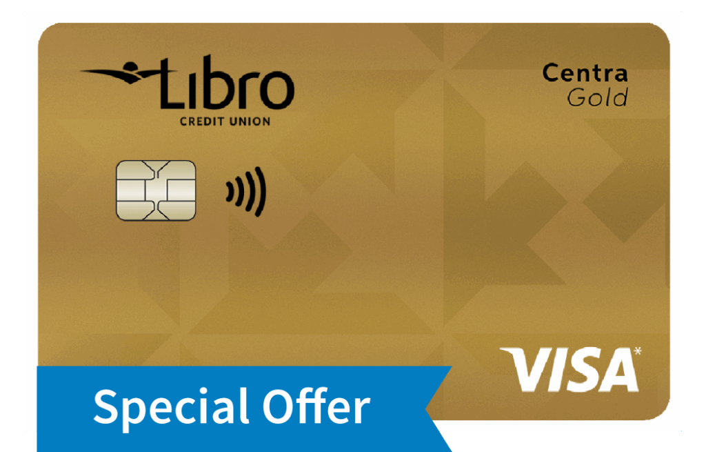 Libro Credit Union Centra Gold Visa credit card with a gold background, contactless symbol, and a “Special Offer” blue banner in the bottom left corner.