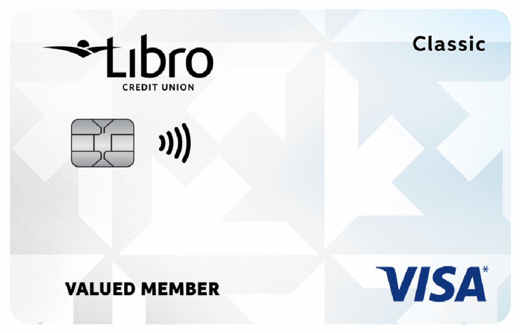 Libro Credit Union Classic Visa card with a geometric background, chip, contactless symbol, and 