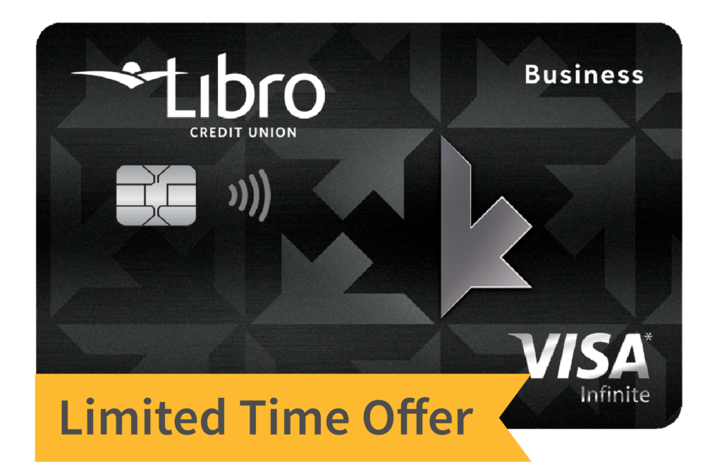 Libro Credit Union Business Visa Infinite card with a chip, contactless symbol, and 