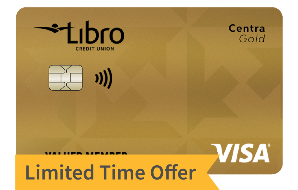 A gold Libro Centra Gold Visa credit card with a 