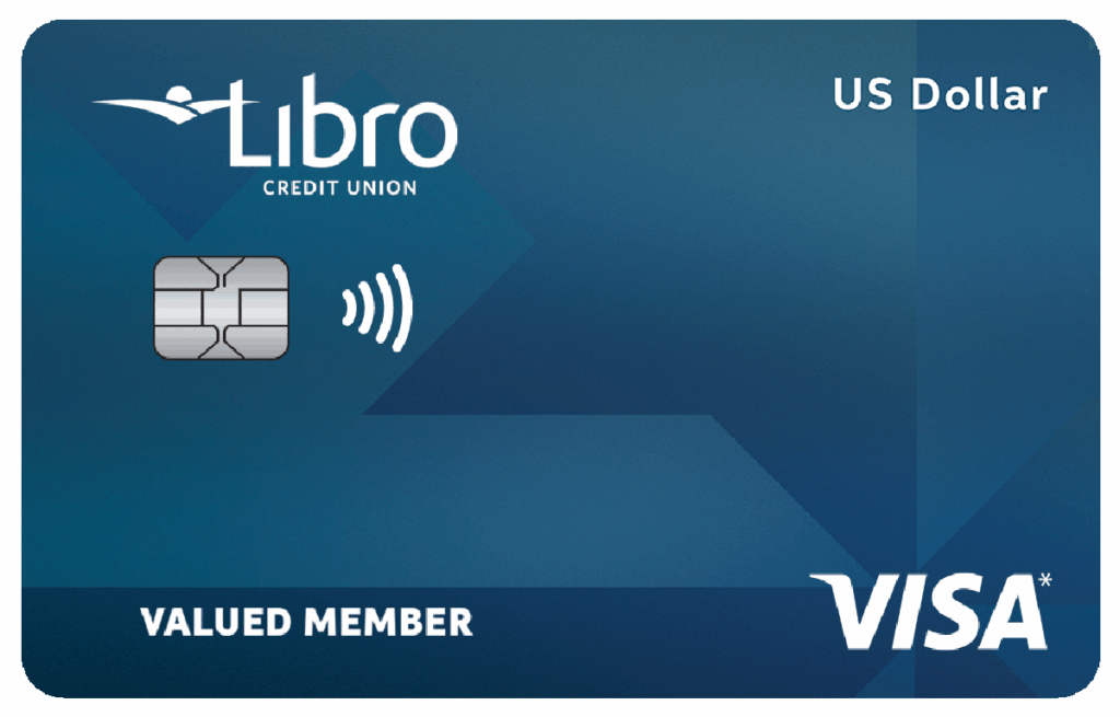 A blue Libro Credit Union Visa card with a chip, contactless symbol, and “VALUED MEMBER” text, labeled 