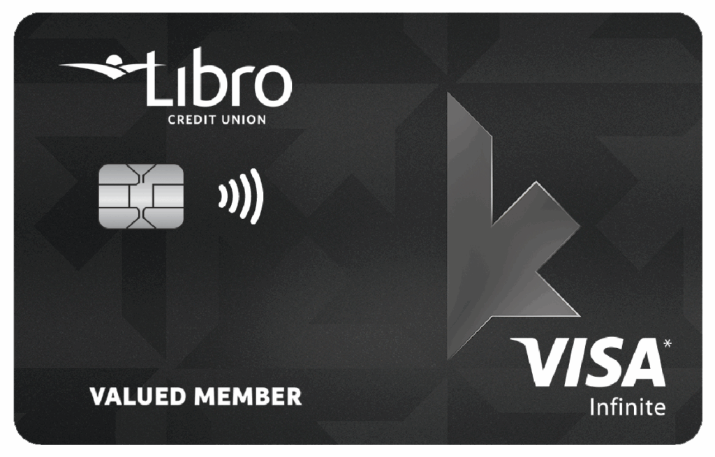 A black Libro Credit Union Visa Infinite card with a chip, contactless symbol, and 