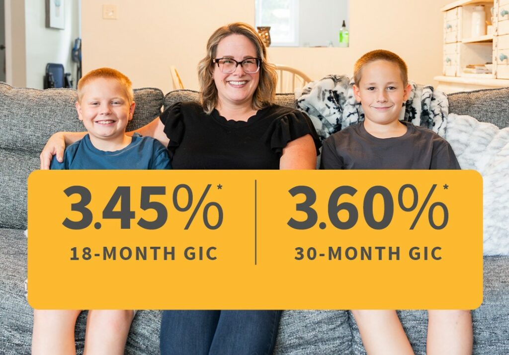 A woman and two boys sit on a couch, smiling. In front, a banner shows 3.45% 18-month GIC and 3.60% 30-month GIC rates—bank local, support local with Libro, a 100% Canadian-owned credit union offering banking and financial services in Ontario.