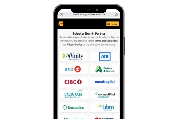 A smartphone displays a list of Canadian banks and credit unions as sign-in partner options for an online service.