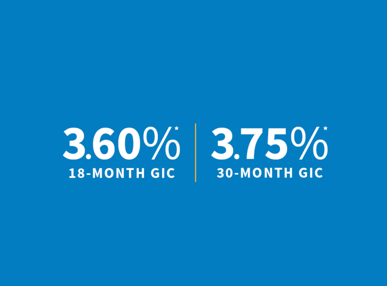 Illustration showing 18-month GIC at 3.60% and 30-month GIC at 3.75%, with stacks of coins and plants growing from the coins on a blue background.