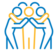 Three simplified stick figures in blue and yellow are standing close together with their arms around each other's shoulders, symbolizing unity or teamwork.