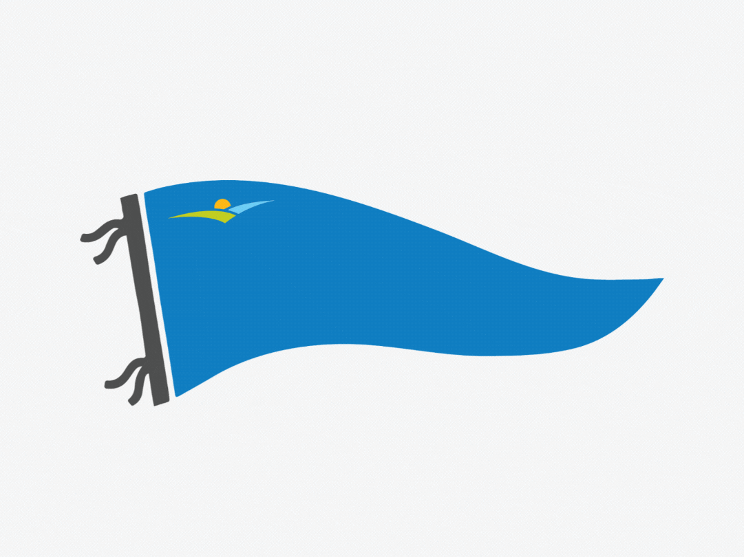 A blue flag with a yellow sun and green arc symbol near the top left corner, attached to a black pole, waving to the right on a white background.