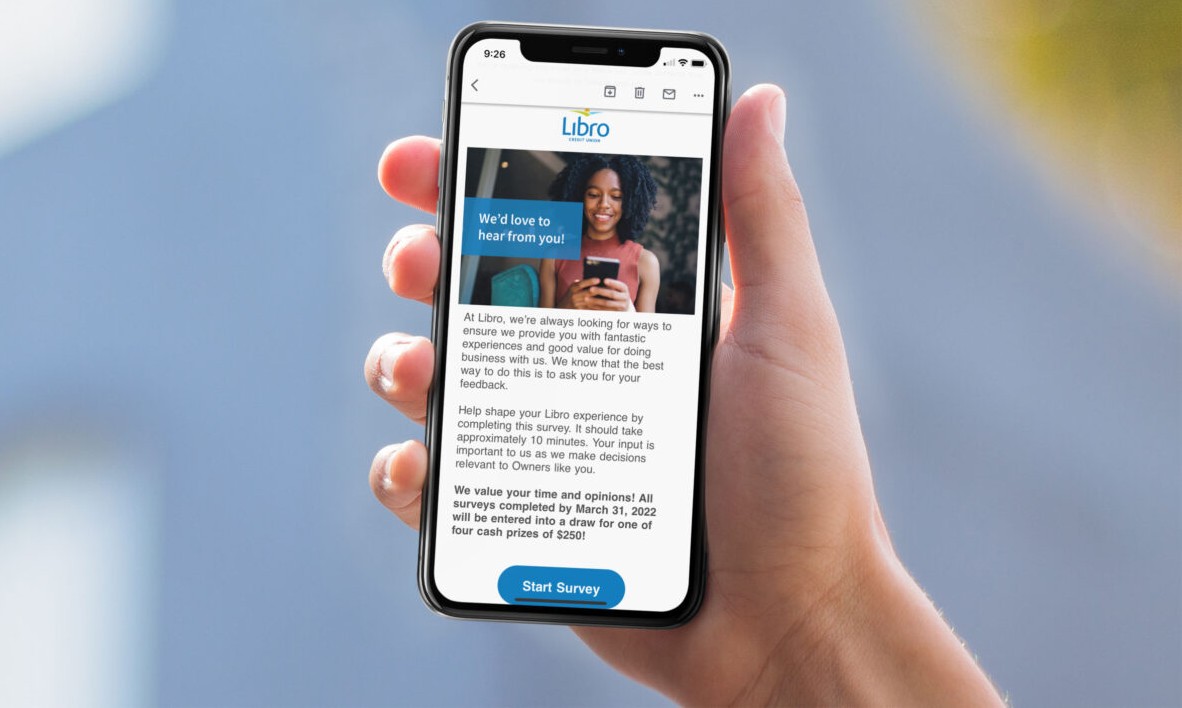 A person holds a smartphone displaying a survey invitation email from Libro, encouraging feedback and offering a chance to win cash prizes.