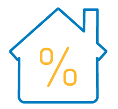Outline of a house with a yellow percent symbol inside, representing mortgage rates or interest rates related to housing.