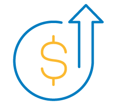 A blue arrow curves around a yellow dollar sign, pointing upward, symbolizing financial growth or increase.