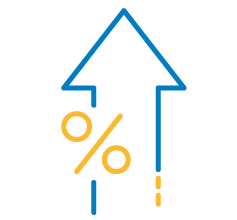 Blue upward arrow with a yellow percent symbol, representing an increase in percentage or rates.