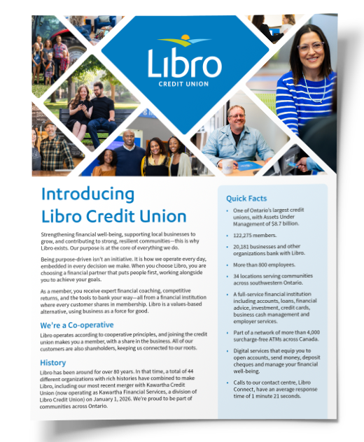 A Libro Credit Union introductory brochure featuring company overview, history, co-operative values, and quick facts about membership, locations, and services in Ontario.