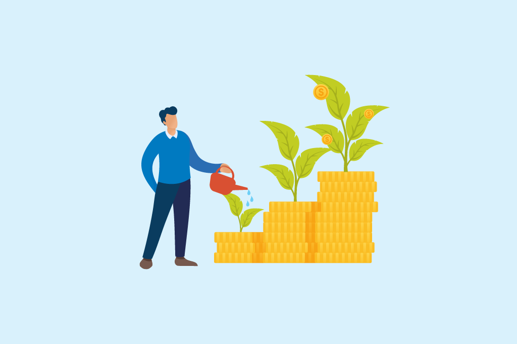 Illustration of a person watering plants growing from stacks of coins, symbolizing investment growth and financial success.