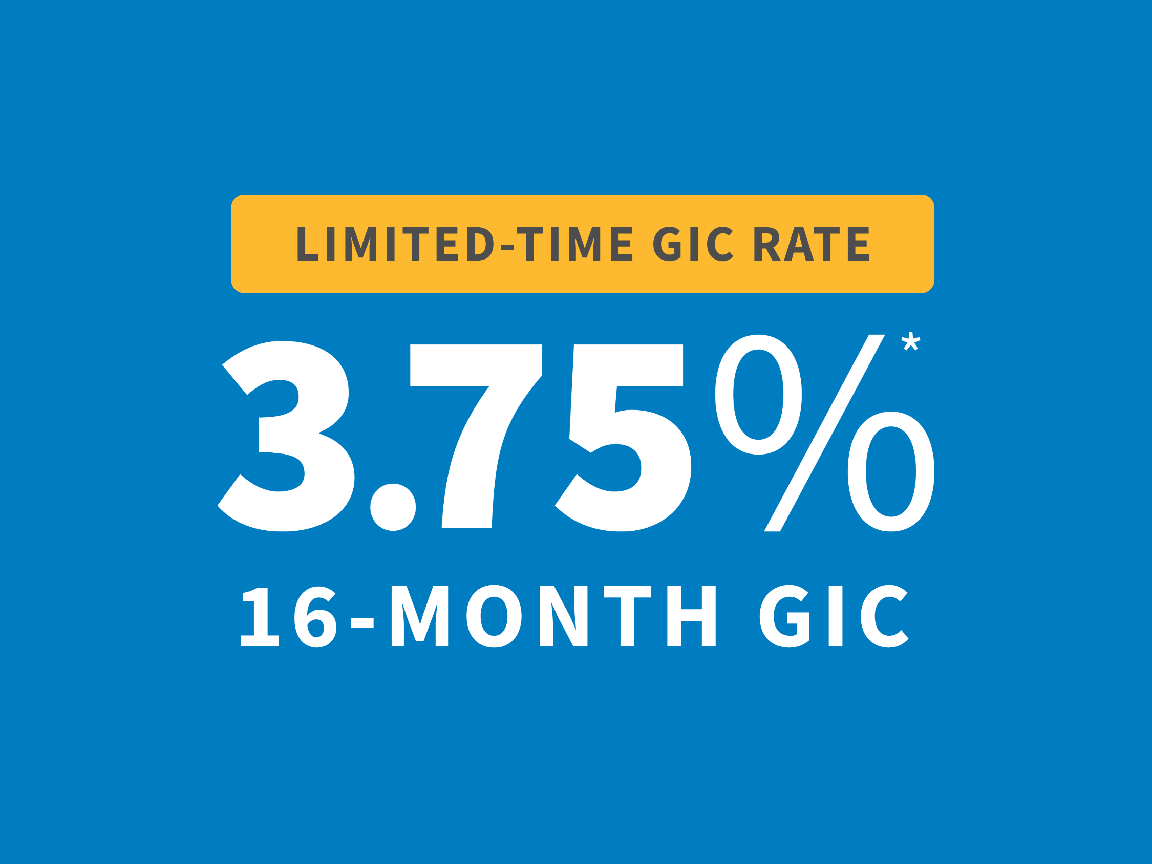 Blue graphic showing a limited-time GIC rate of 3.75 percent for a 16-month GIC, with main text in white and a yellow banner at the top.